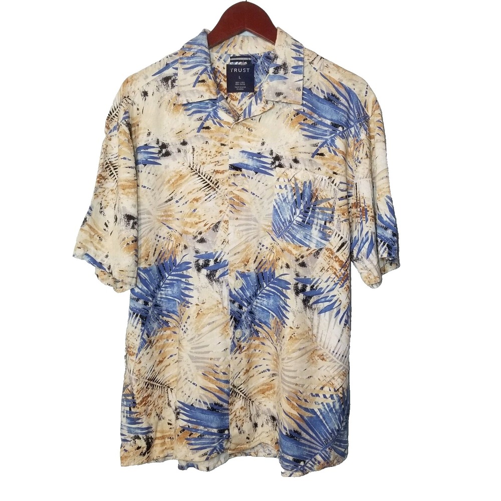 Trust NWOT Linen‎ Blend Abstract Palms Short Sleeve Button Up Shirt Size Large